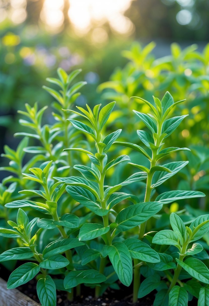 Close-up of healthy lemon verbena plants with green leaves growing in a sunlit garden.