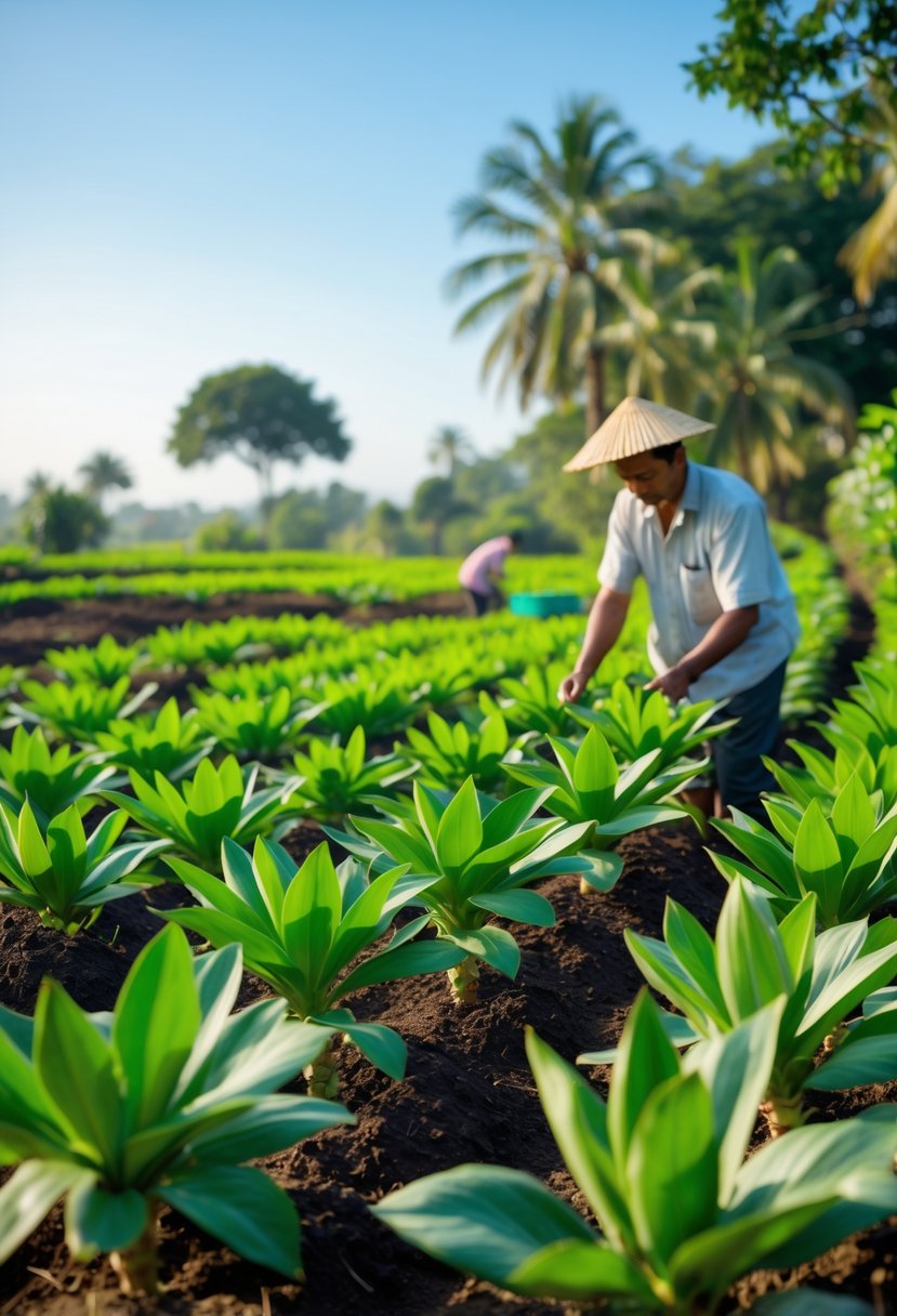 A farmer tending to rows of green turmeric plants growing in a field under a clear blue sky.