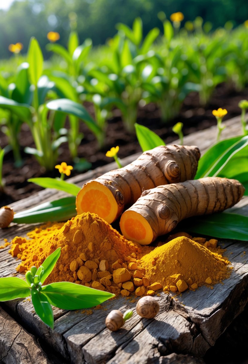 Close-up of fresh turmeric roots, turmeric powder, green turmeric leaves, and a turmeric garden in the background.