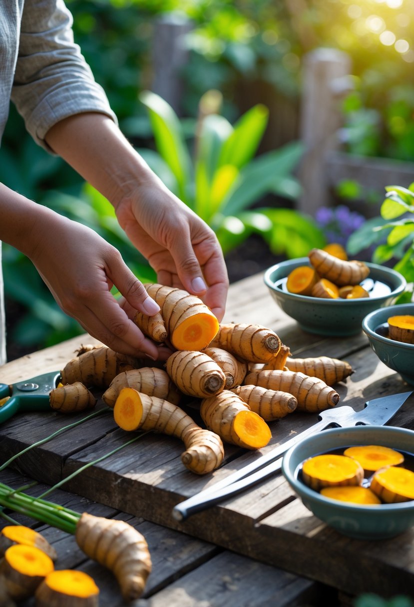 Hands selecting fresh turmeric rhizomes on a wooden table with gardening tools and bowls of turmeric pieces soaking in water in a garden setting.