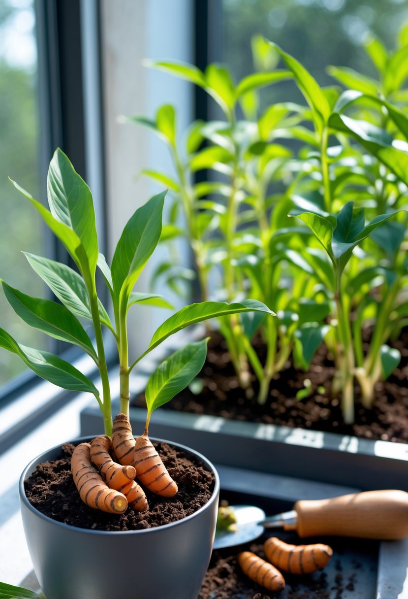 Close-up of turmeric rhizomes being planted indoors in a planter and healthy turmeric plants growing outdoors in a garden bed.