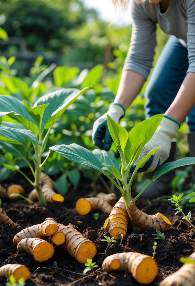 A person caring for turmeric plants in a garden with green leaves and turmeric roots visible in the soil.