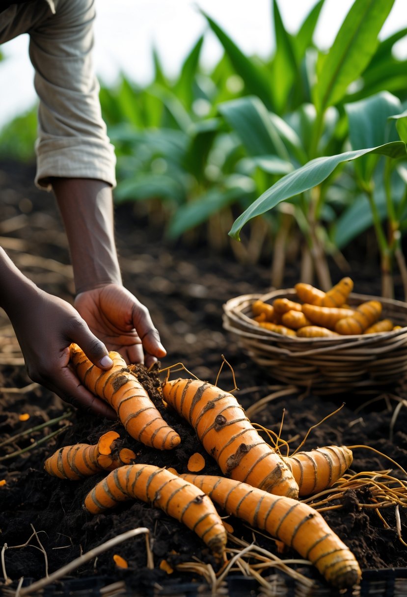 Hands harvesting fresh turmeric roots from soil in a turmeric field with a basket of turmeric nearby and green plants in the background.