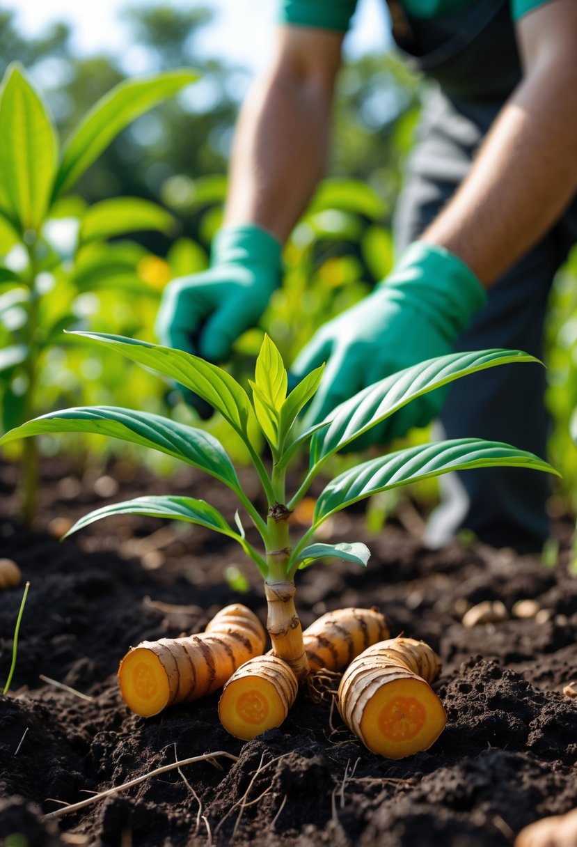 Close-up of a turmeric plant with green leaves and orange rhizomes growing in soil, with hands tending to it in a garden.