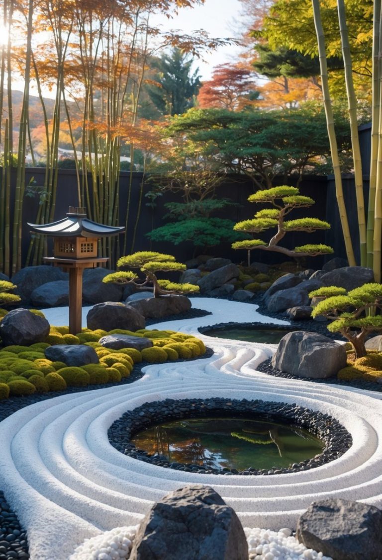 A peaceful Japanese garden with white gravel patterns, dark rocks, a koi pond, bonsai trees, bamboo, and a stone lantern.