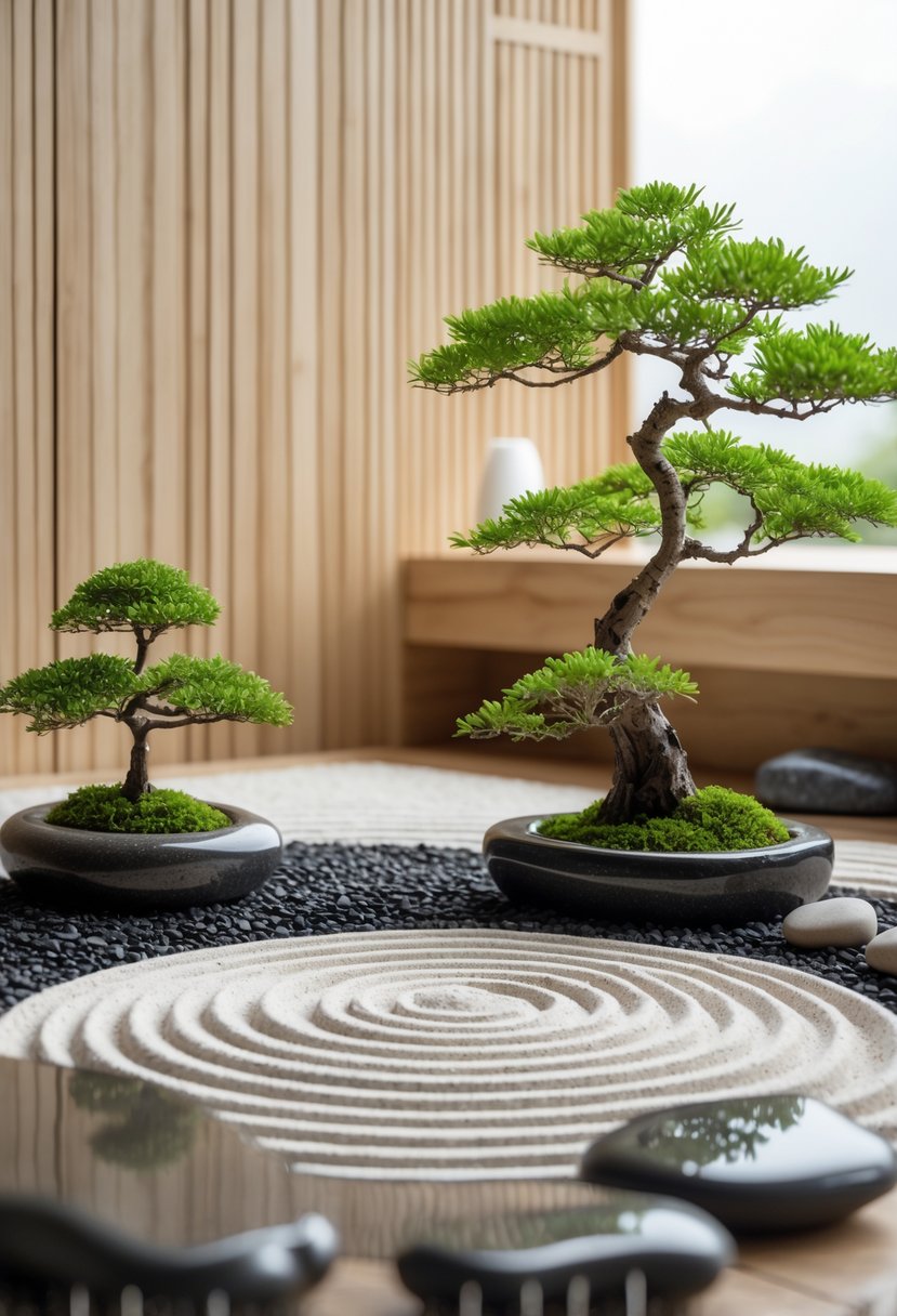 A small Japanese Zen garden with raked gravel, polished stones, and bonsai trees on a wooden platform.
