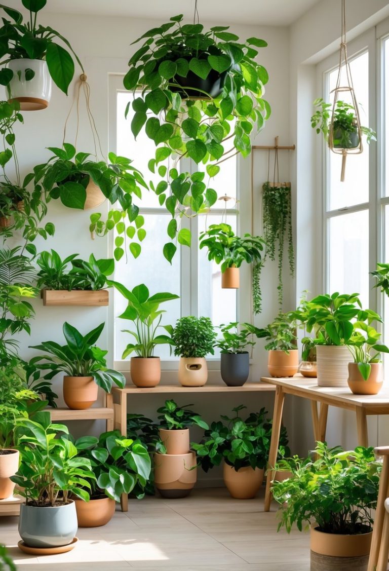 A bright room filled with various money plants displayed in different pots and planters on shelves, tables, and hanging from the ceiling.