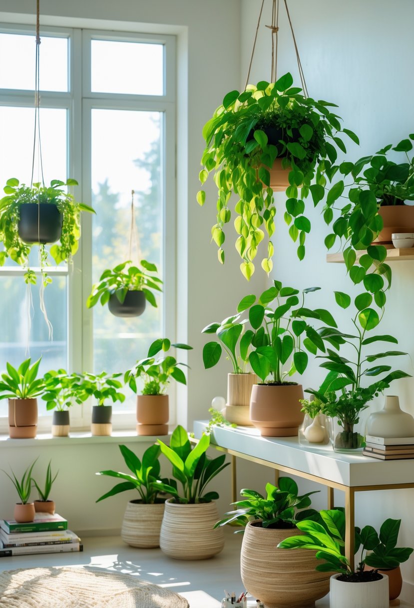 Indoor scene with several money plants displayed in various pots and hanging planters in a bright living room.