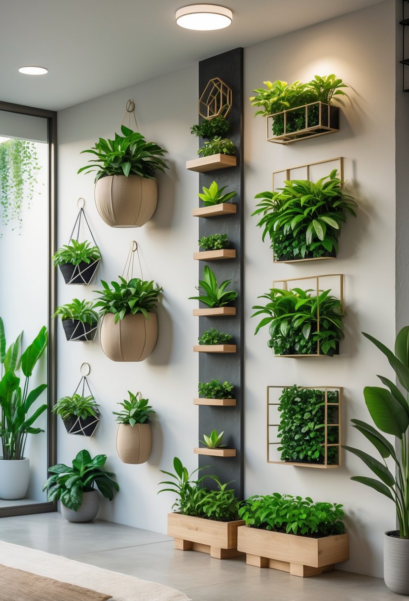 Interior space with multiple creative wall and vertical displays of green money plants arranged on shelves, hanging pots, and vertical gardens.
