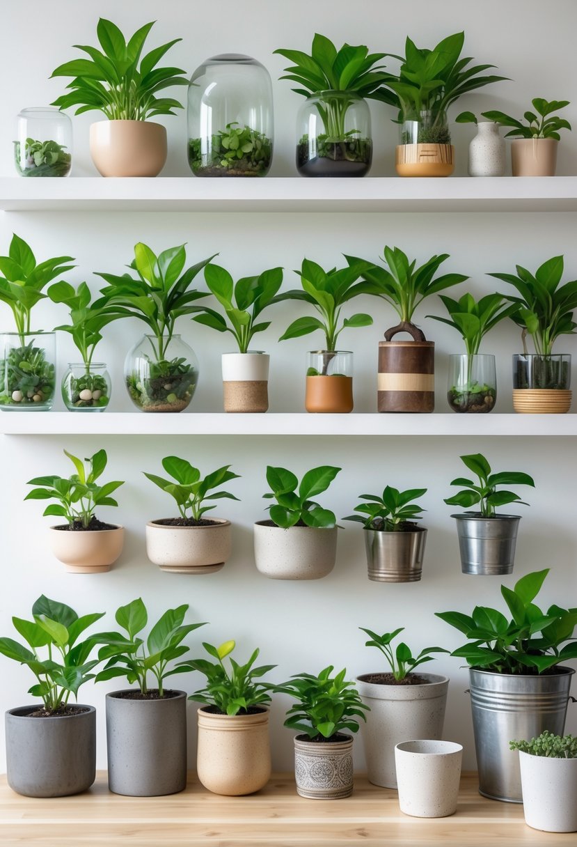 A collection of money plants displayed in various unique containers like glass jars, ceramic pots, wooden boxes, and hanging vessels arranged on shelves and a table.