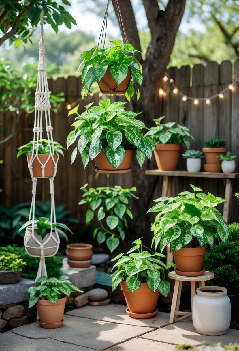 Outdoor garden scene with multiple money plants styled in hanging planters, pots, and shelves surrounded by natural sunlight and garden decor.