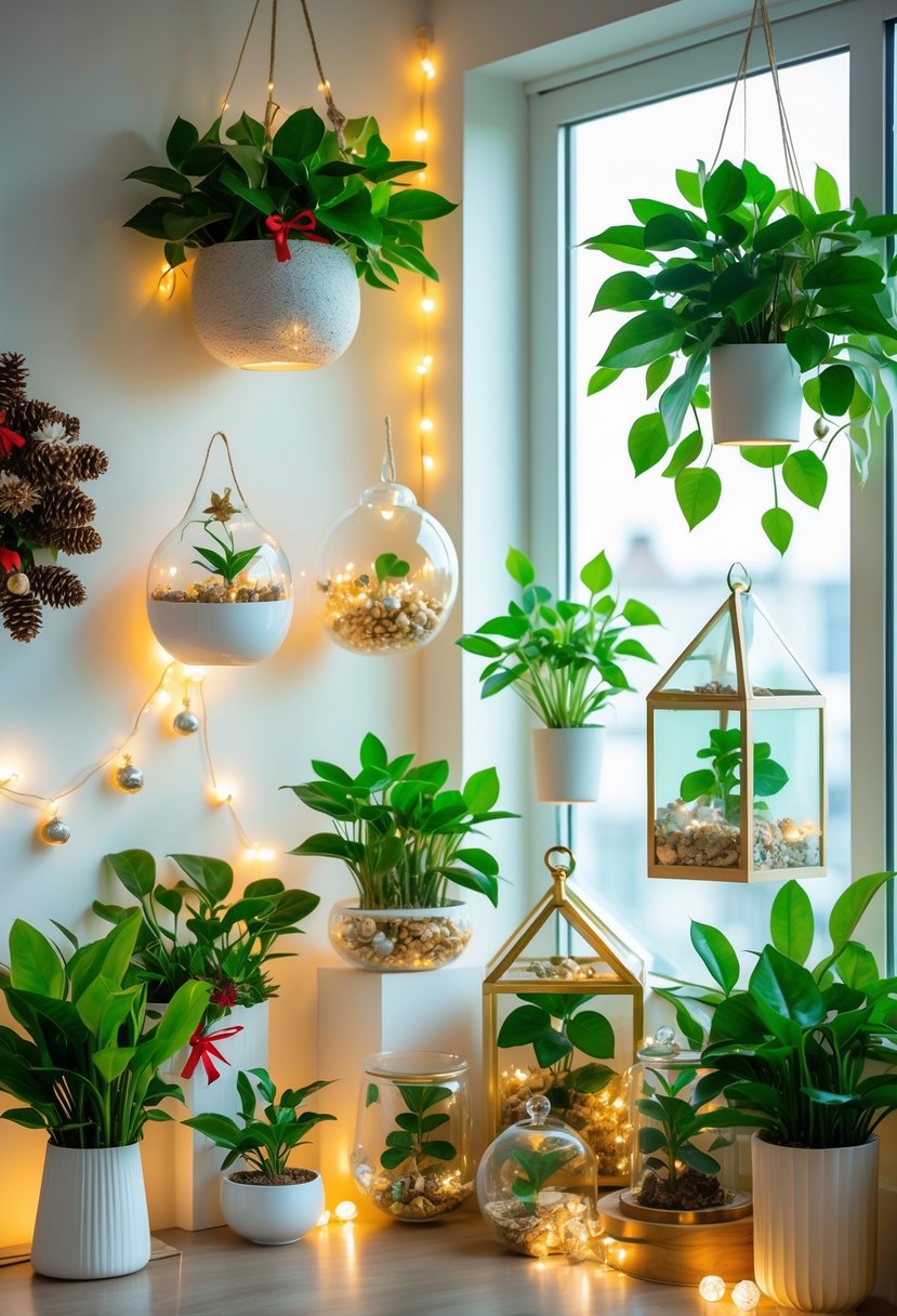 A variety of money plants displayed in decorative pots and hanging planters with festive decorations in a well-lit indoor setting.