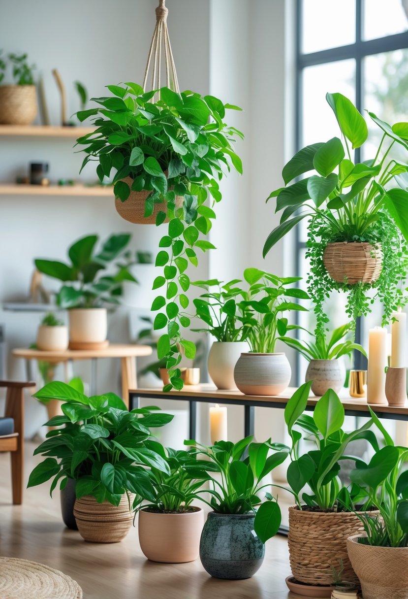 A variety of healthy money plants displayed in different pots and hanging planters in a bright, modern indoor living space.