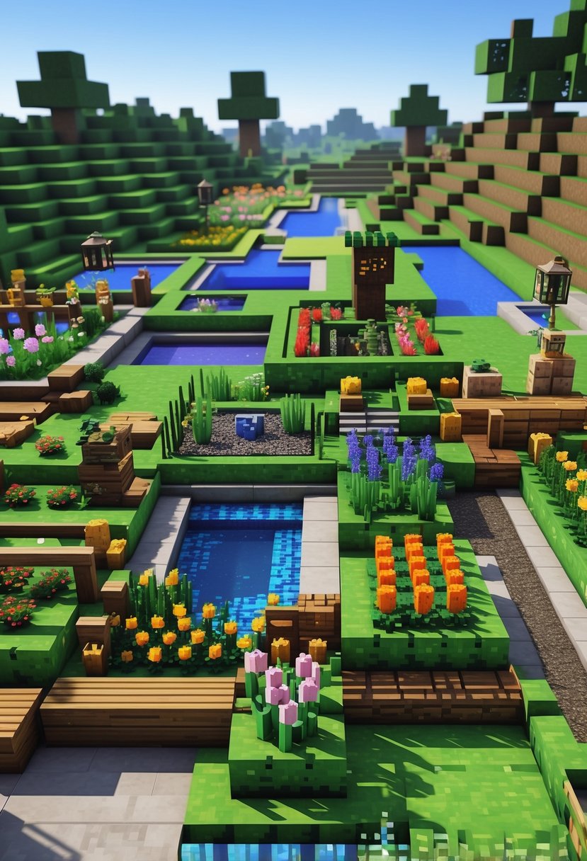 A Minecraft scene showing various garden designs with flowers, vegetable patches, water features, pathways, and trees under a clear sky.