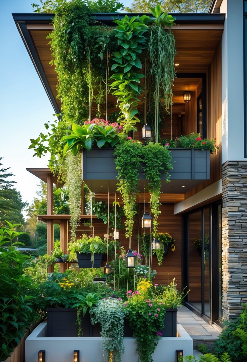 A modern house with a lush hanging garden above it, featuring various green plants and flowers cascading down from elevated planters.