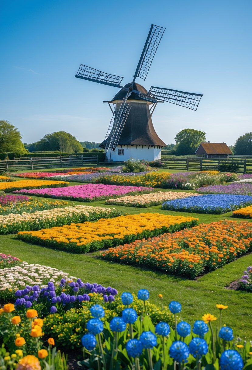 A large flower field with colorful flowers and a traditional windmill in the background under a clear sky.