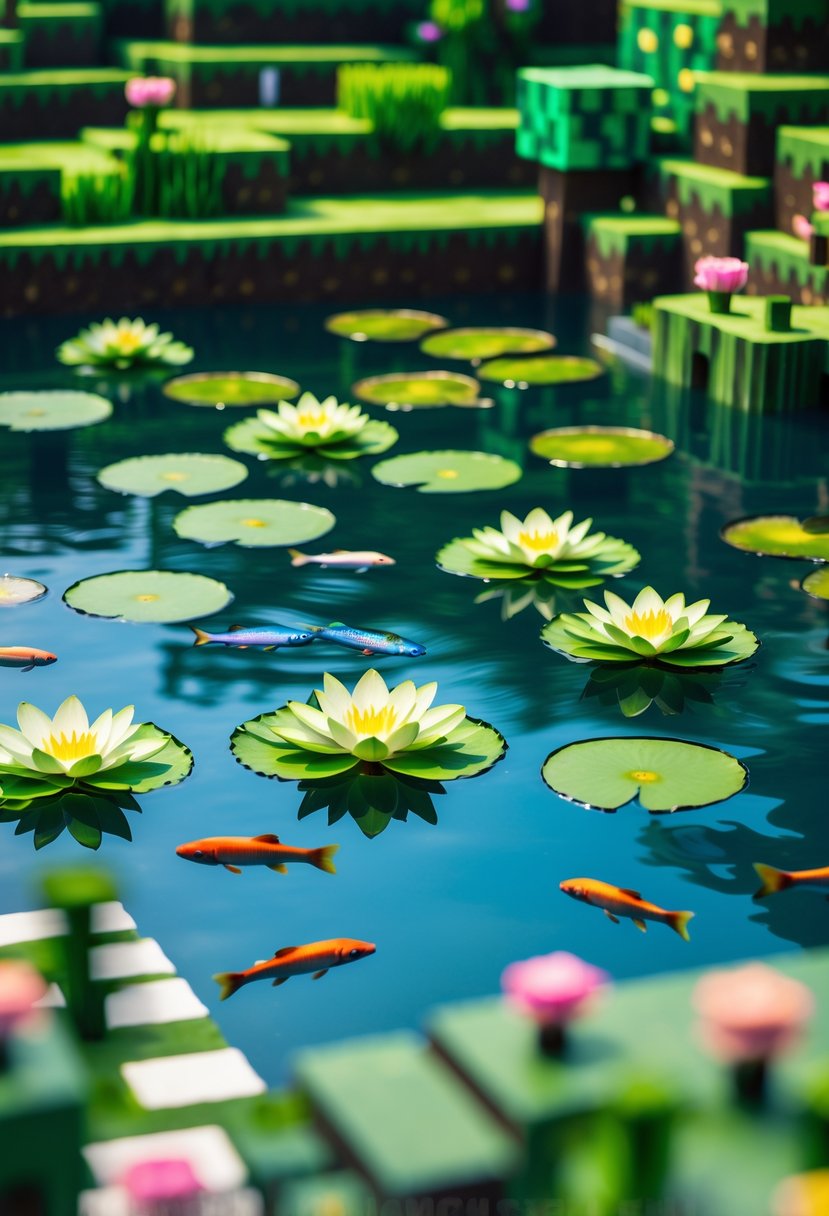 A clear pond with green water lilies floating on the surface and colorful fish swimming underneath, surrounded by a garden.