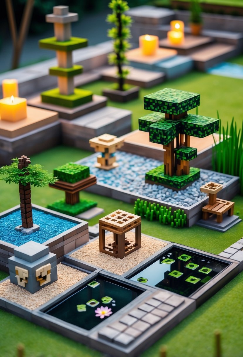 A collection of 15 small Minecraft-style zen gardens featuring sand, stones, plants, and water arranged in a peaceful setting.