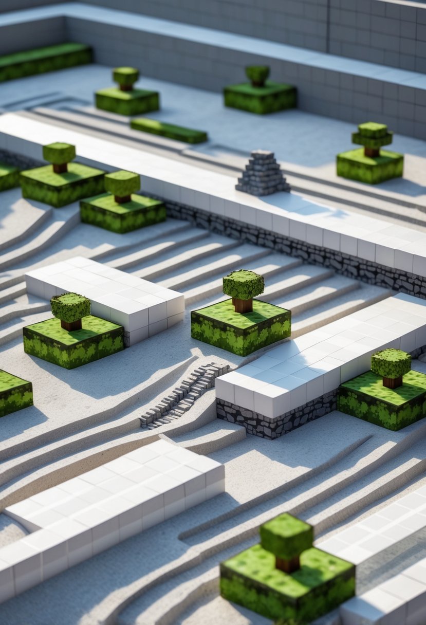 A Minecraft zen garden with a smooth white and gray polished stone base, raked sand patterns, small pixelated trees, and stones arranged peacefully.