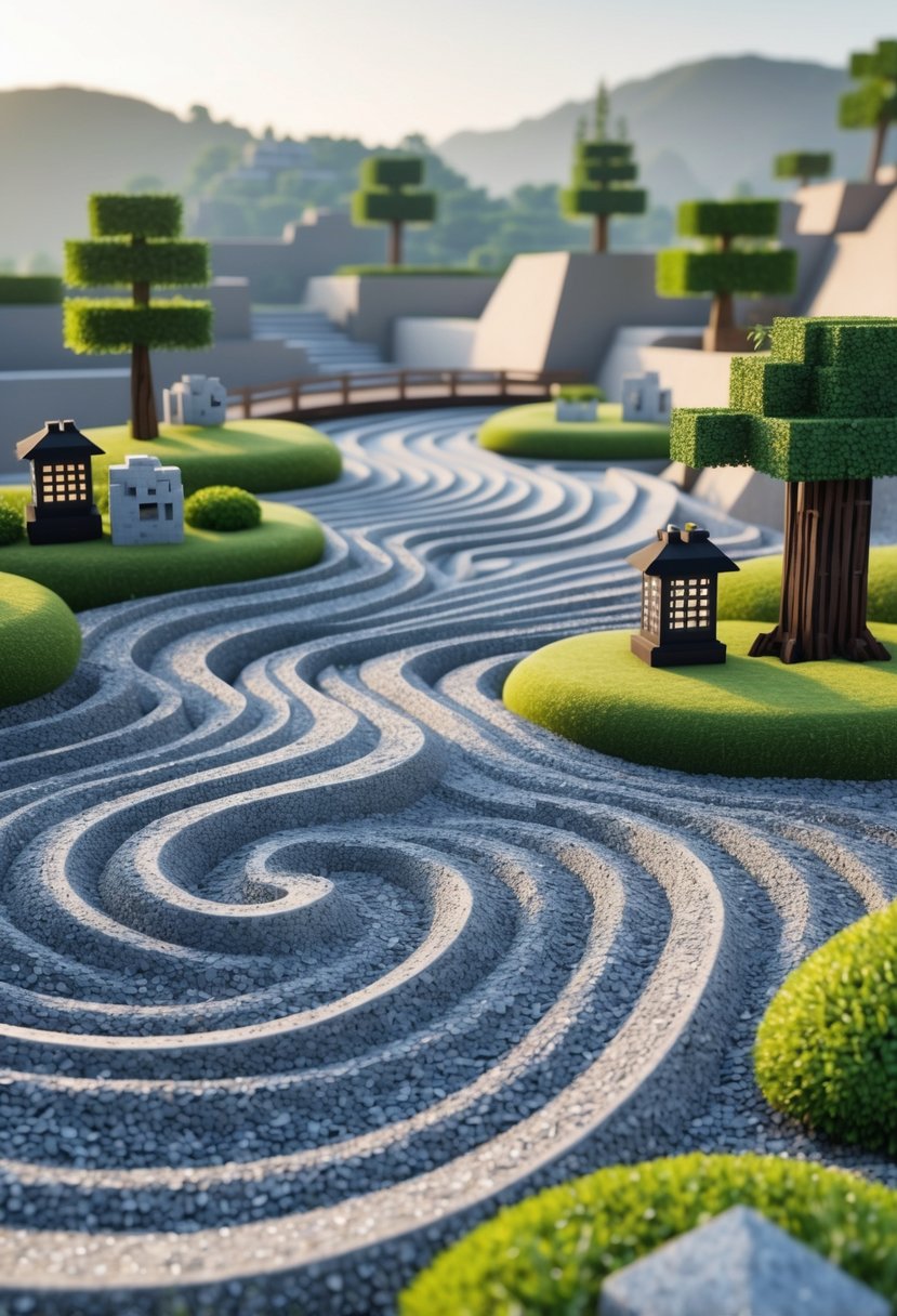 A tranquil zen garden with curved gravel paths, stone lanterns, bonsai trees, moss, and wooden bridges under a clear sky.