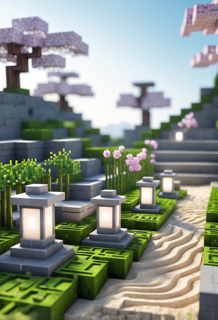 A peaceful Minecraft zen garden with smooth stone lanterns, raked sand, moss, bamboo plants, and cherry blossom trees under a clear sky.