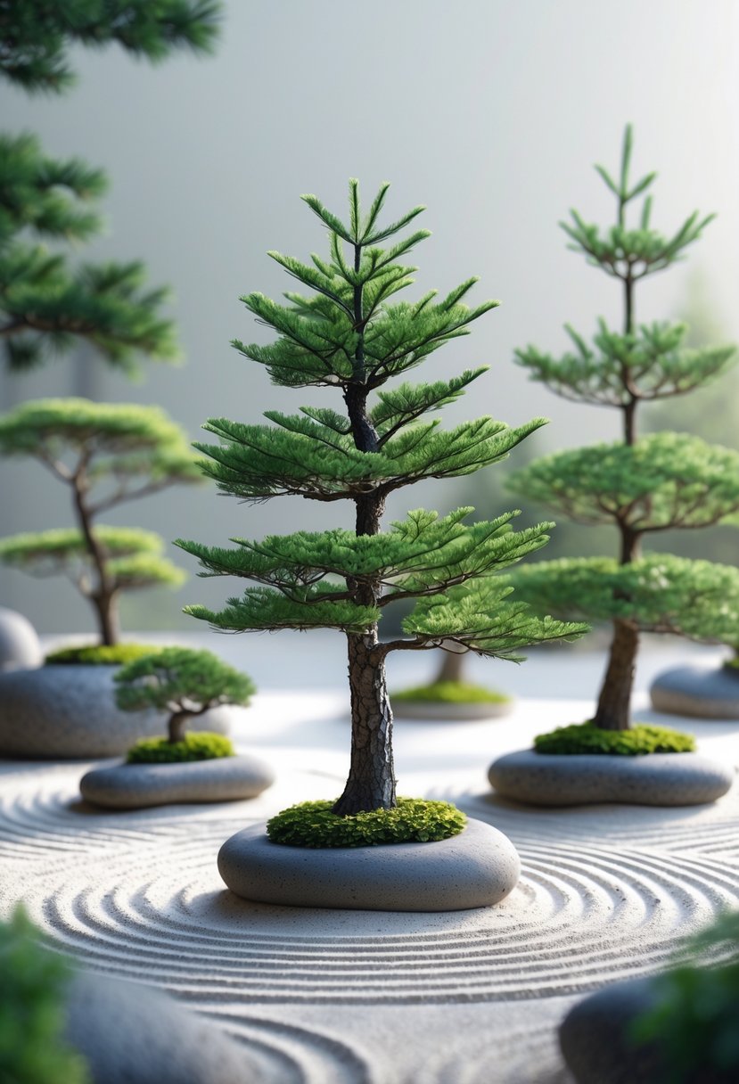 A peaceful garden scene with small spruce trees arranged among stones and raked sand.