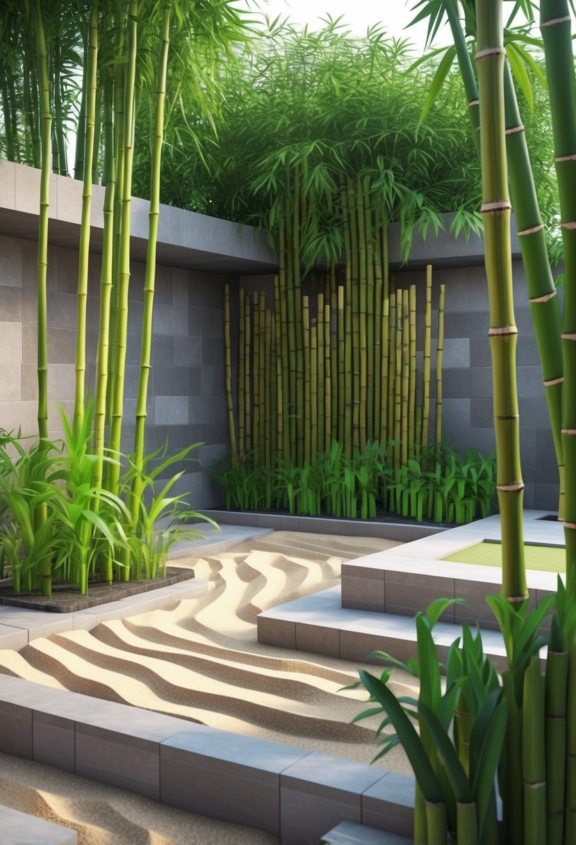 A peaceful garden scene with bamboo stalks, sugar cane plants, sand patterns, stone pathways, and wooden structures.