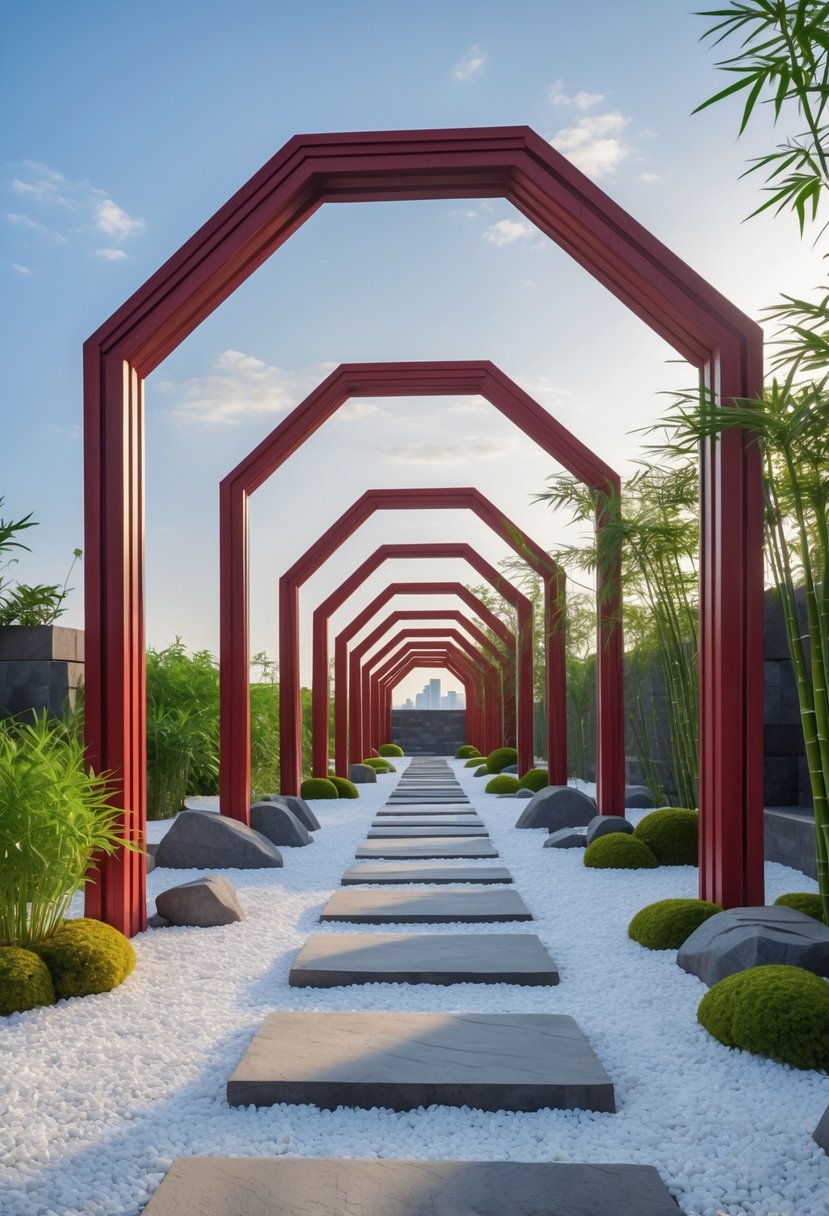 A peaceful outdoor garden with red wooden archways, gravel patterns, bamboo plants, and rocks.