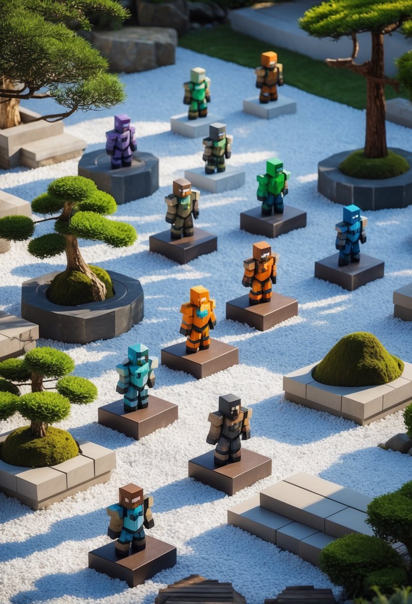 A peaceful outdoor garden with stone paths, bonsai trees, gravel, and 15 armor stand sculptures arranged throughout.