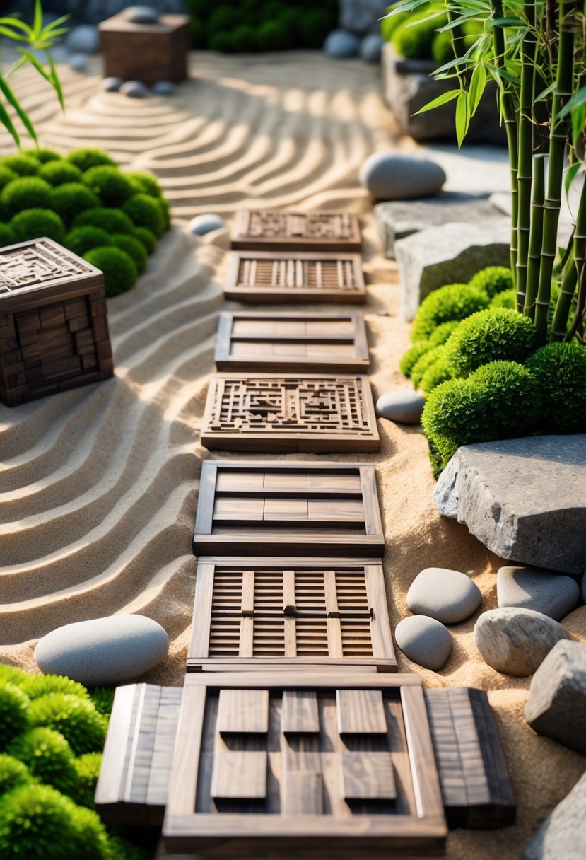 A peaceful Minecraft zen garden with wooden trapdoors, sand patterns, stones, moss, and bamboo plants arranged harmoniously.