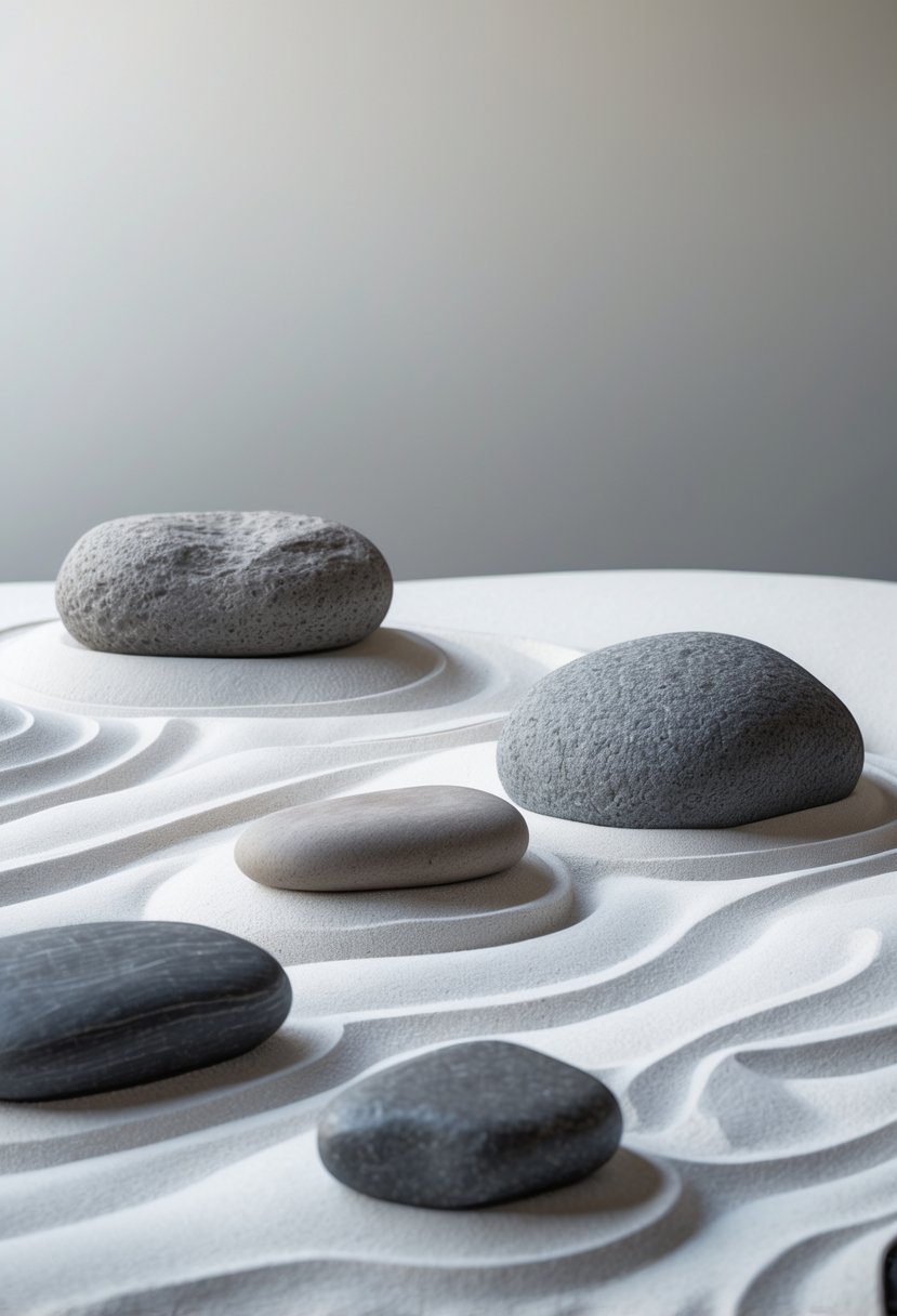 A serene zen garden with smooth rocks arranged on white sand with raked patterns.