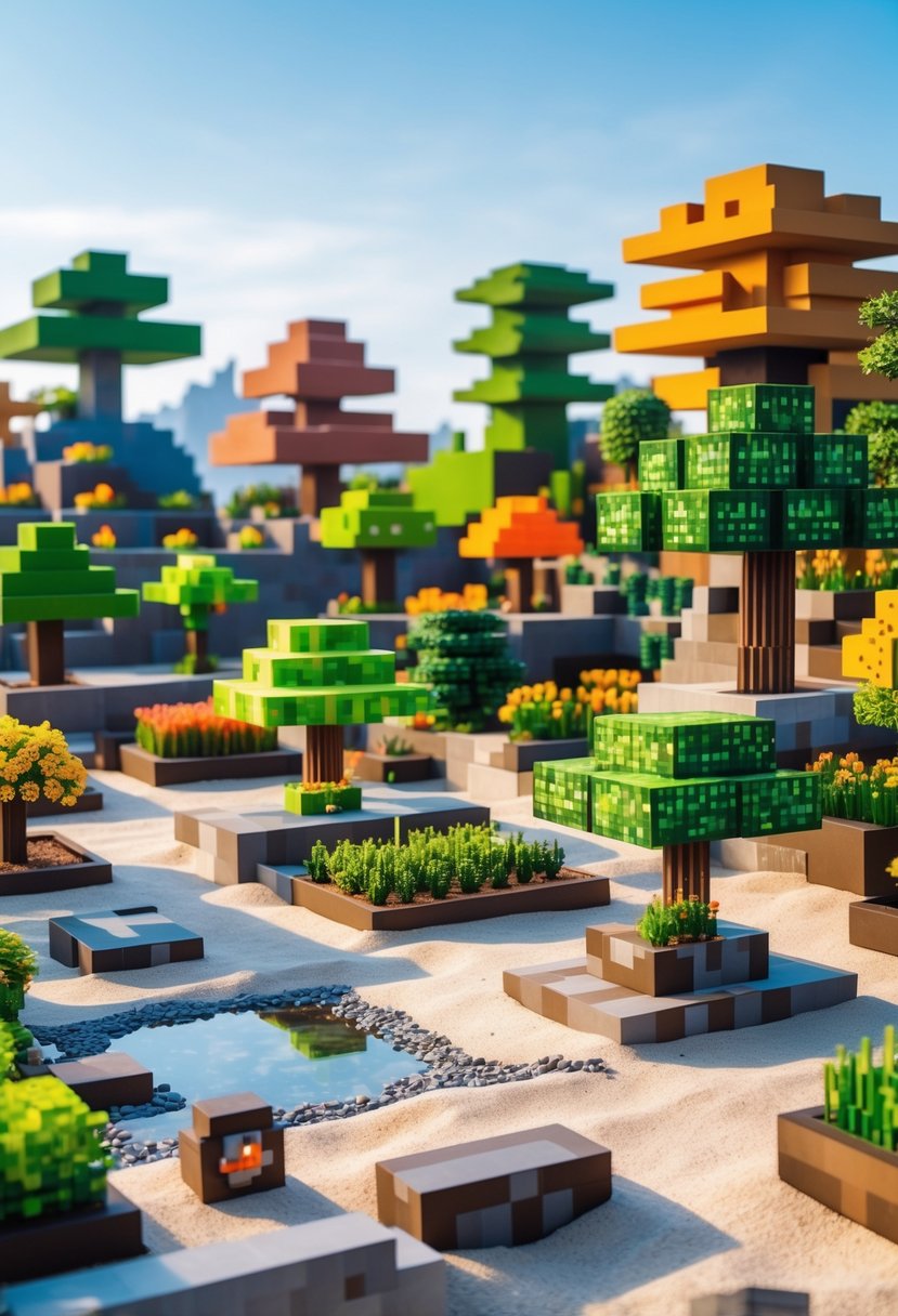 A peaceful Minecraft-inspired zen garden displaying 15 different seasonal plant arrangements with sand patterns, stones, and pixelated trees in various seasonal colors.