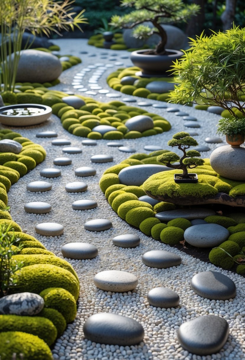 A peaceful garden with winding stone paths surrounded by gravel, moss, bamboo, and small trees.
