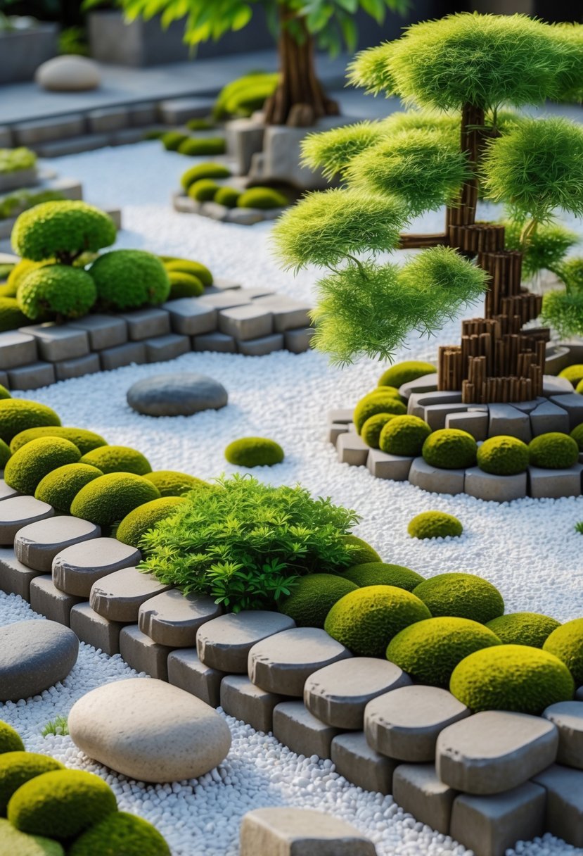 A peaceful garden with moss-covered cobblestone borders, white gravel, bamboo plants, bonsai trees, and smooth stones arranged in a tranquil setting.