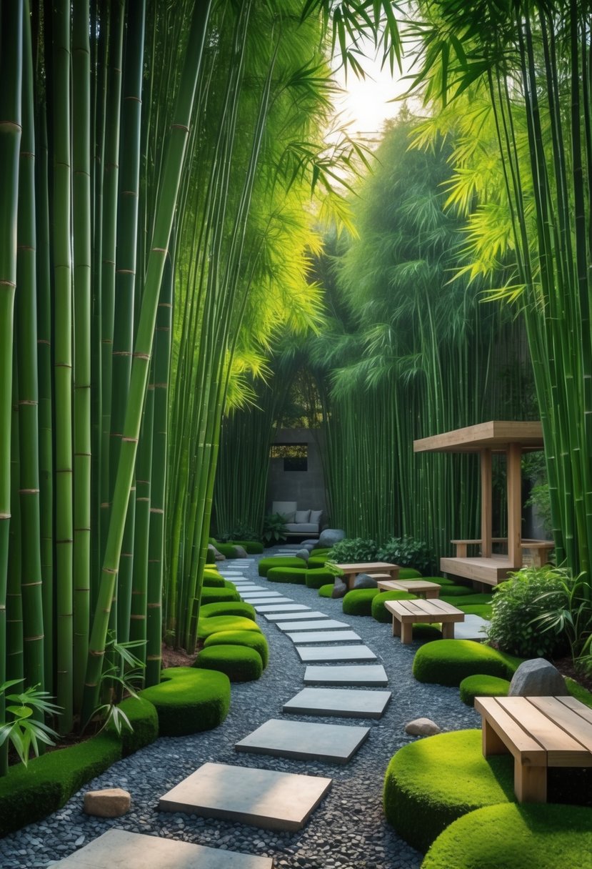 A peaceful bamboo grove with stone pathways, gravel, and wooden benches in a tranquil garden setting.
