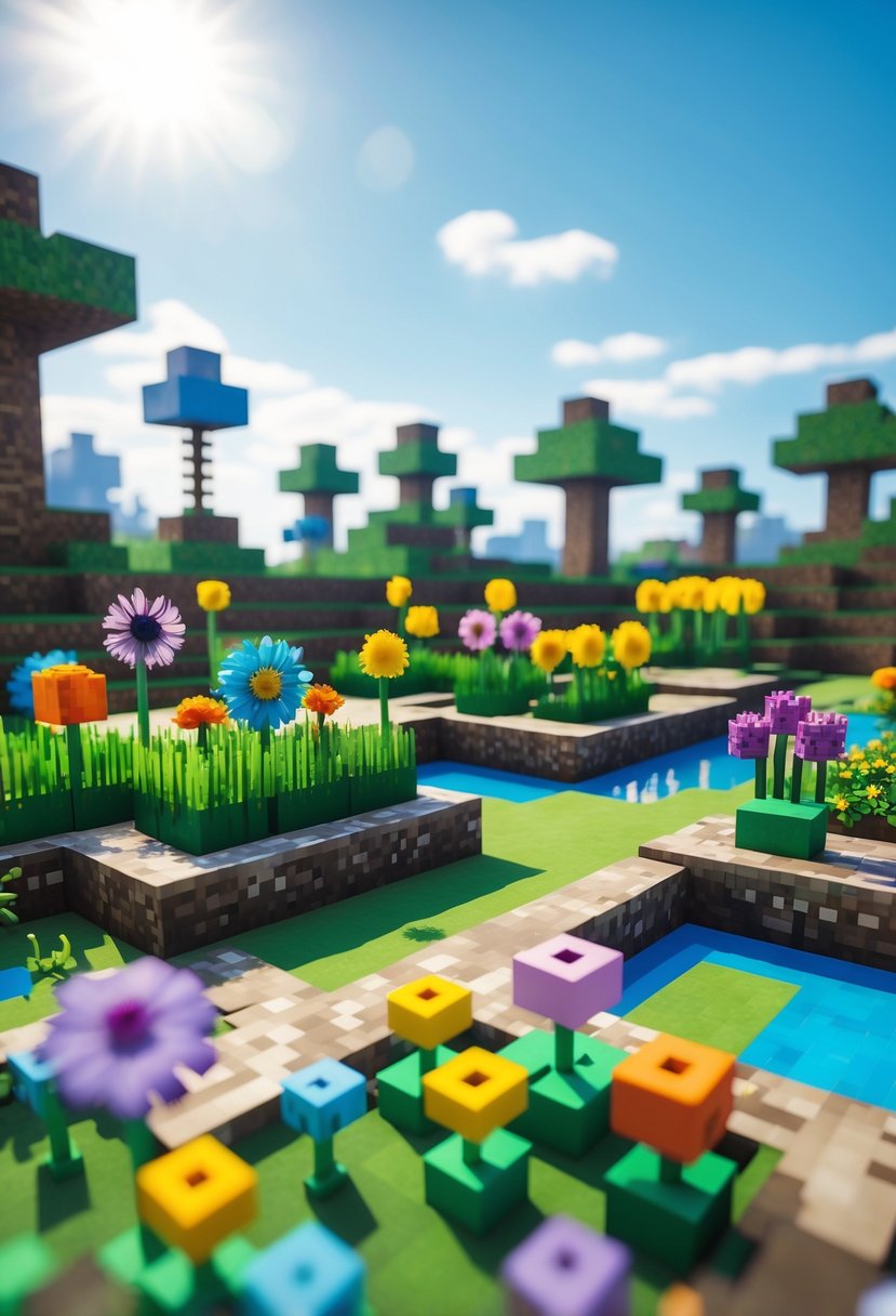 A colorful Minecraft flower garden with various flowers, stone paths, wooden fences, and a small pond under a clear sky.