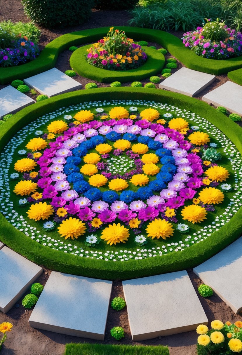 A circular garden with colorful flowers, green moss, and white quartz stone pathways.