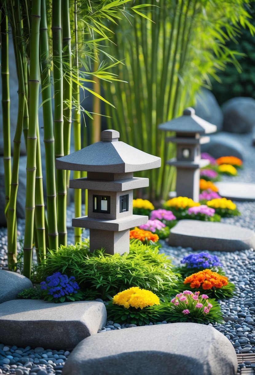 A peaceful Japanese garden with stone lanterns, bamboo plants, and colorful flowers arranged in neat patterns.