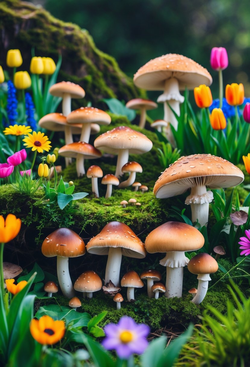 A garden with various mushrooms and colorful flowers growing among green plants.
