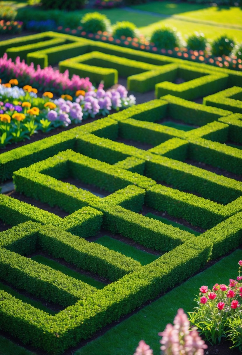A vibrant garden with a maze made of neatly trimmed hedges and colorful flower beds.