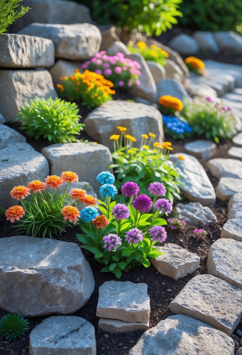 A rock garden with cobblestone and stone bricks surrounded by a variety of colorful flowers.