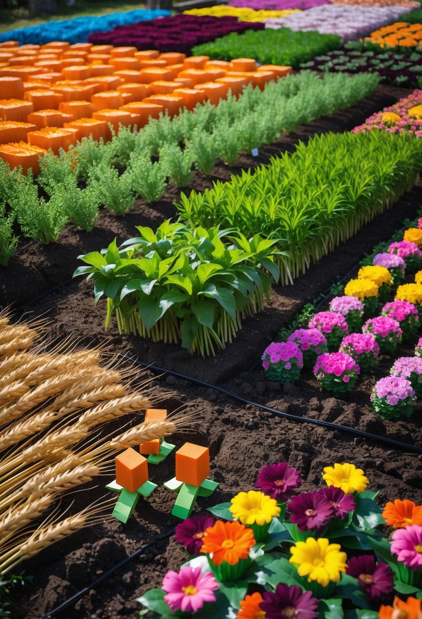 A neatly organized garden with rows of wheat, carrots, beetroot, and colorful flowers arranged around the crops.