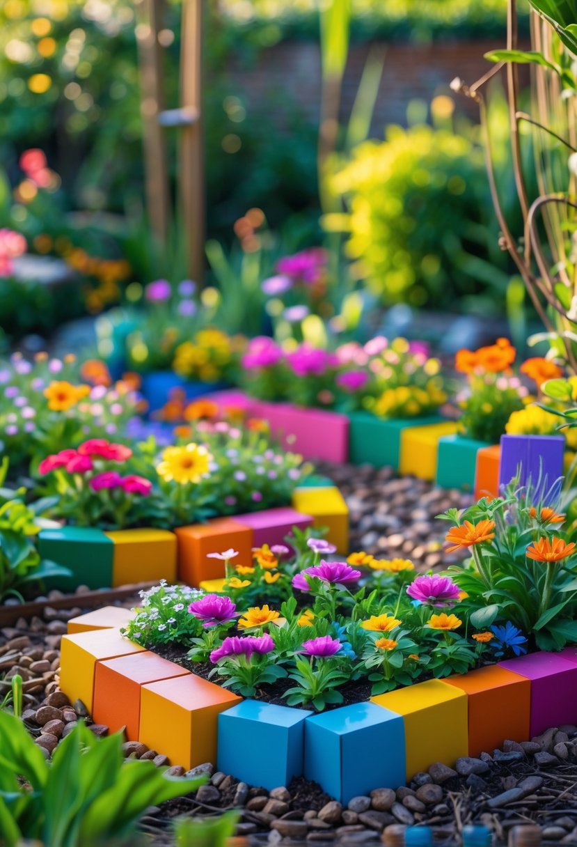 A small fairy garden with colorful flower beds and bright decorative blocks arranged around them.