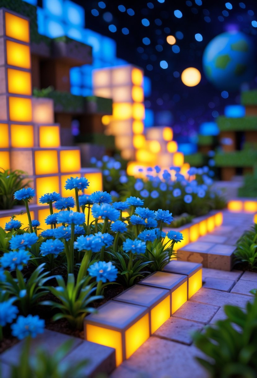 A Minecraft garden with glowing yellow blocks and blue flowers under a starry night sky.