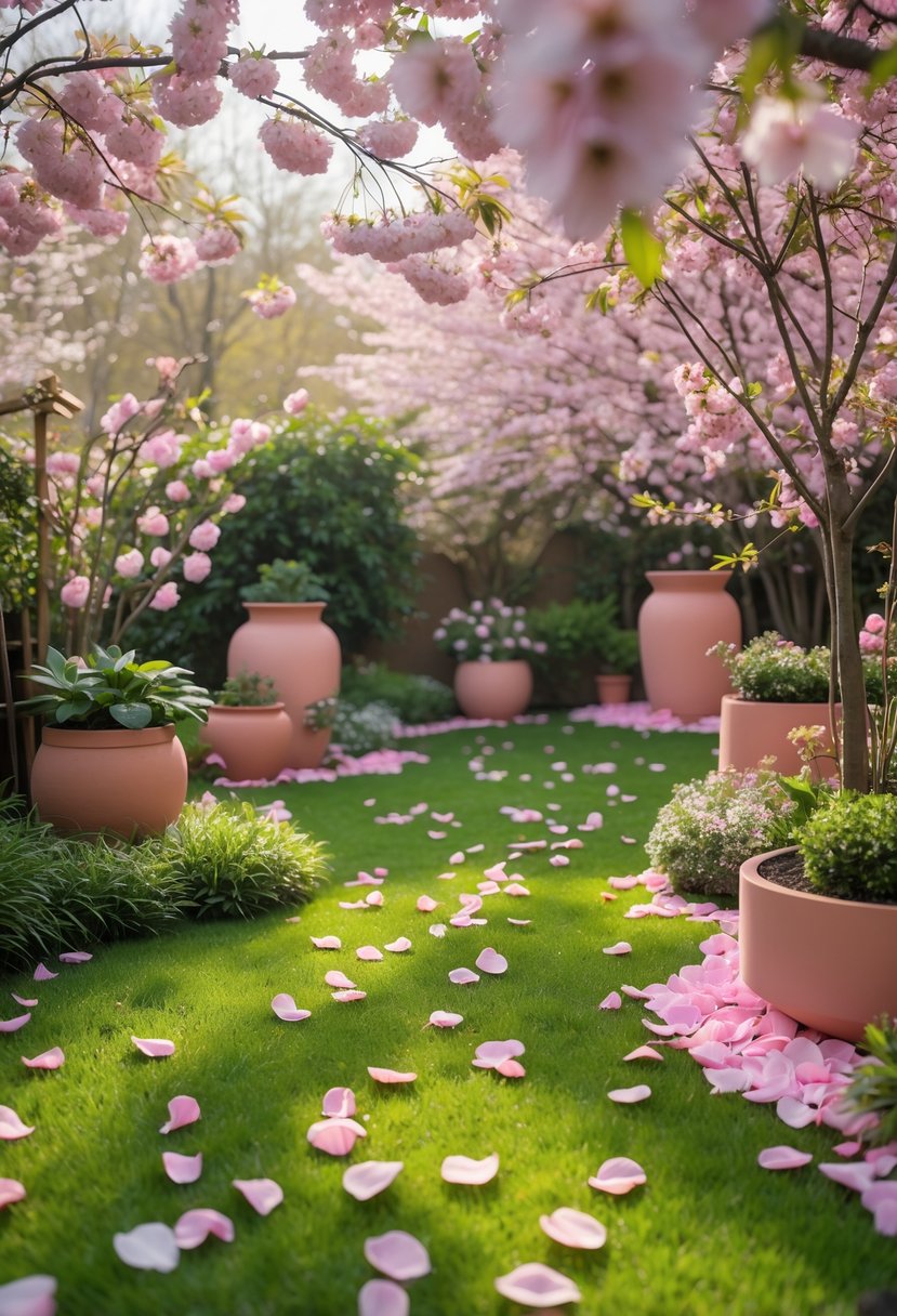 A garden with cherry blossom petals on the grass and pink terracotta pots among flowering plants under soft sunlight.
