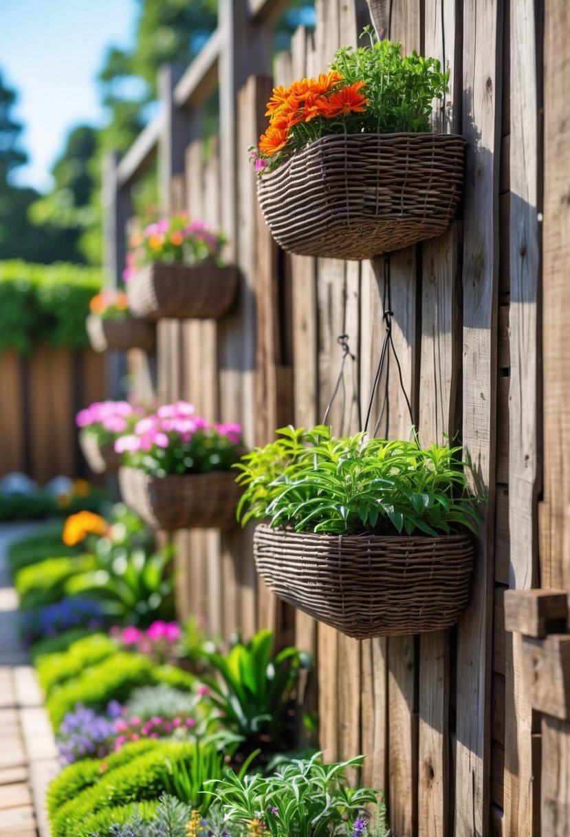 Basket wall planters filled with colorful flowers hanging on wooden fences in a garden.