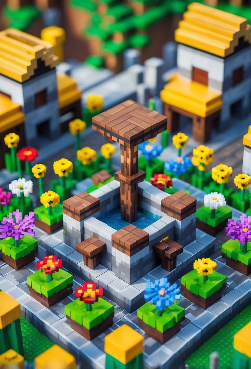 A Minecraft village well surrounded by a colorful flower bed with various flowers and pixelated houses nearby.