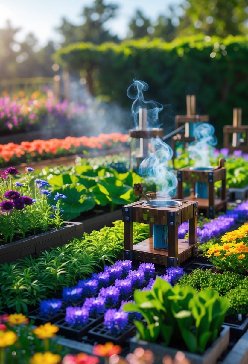 A garden with various colorful potion plants and brewing stands arranged outdoors under natural sunlight.