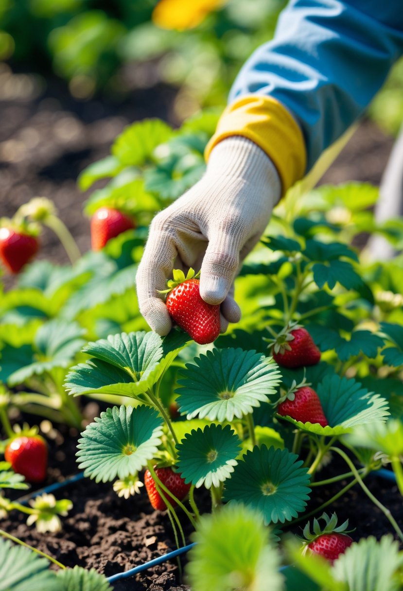 Close-up of a hand picking ripe strawberries from a healthy garden bed filled with green leaves and red strawberries.