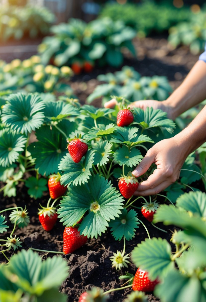Close-up of hands tending to healthy strawberry plants with ripe red strawberries in a garden.